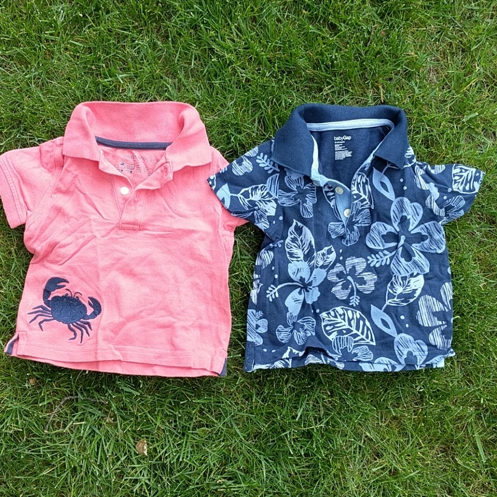 Two boys 18-24m summery polos: hibiscus & crab